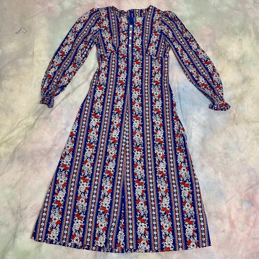Vintage 70’s Butterfly Floral Prairie Cottagecore Maxi Dress Hand Made